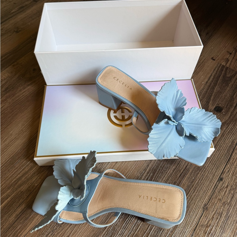 Blue Floral Block Heel Sandals